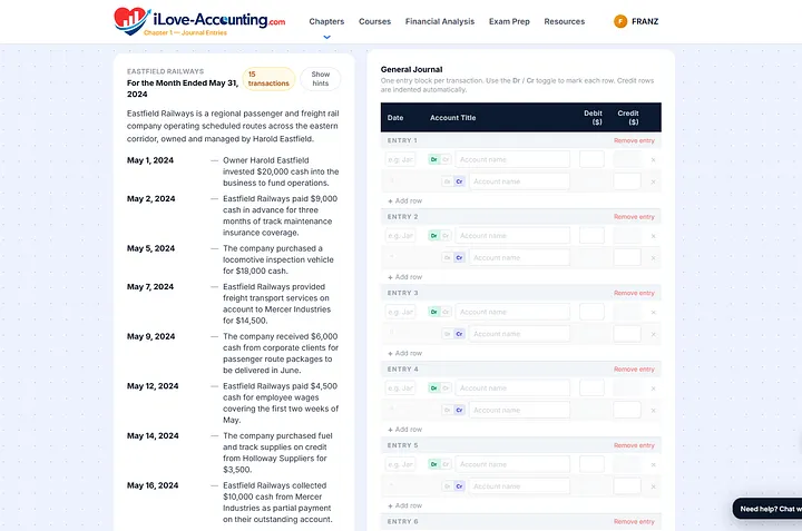 Practice recording journal entries and tracking transactions interactively with the general journal module.
